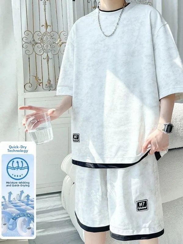 Summer Trendy Loose Men's Sportswear Set Ice Silk Short Sleeve T-Shirt And Shorts Cool Handsome Two-Piece Casual Leisure Outfit
Summer Trendy Loose Men's Sportswear Set Ice Silk Short Sleeve T-Shirt And Shorts Cool Handsome Two-Piece Casual Leisure Outfit