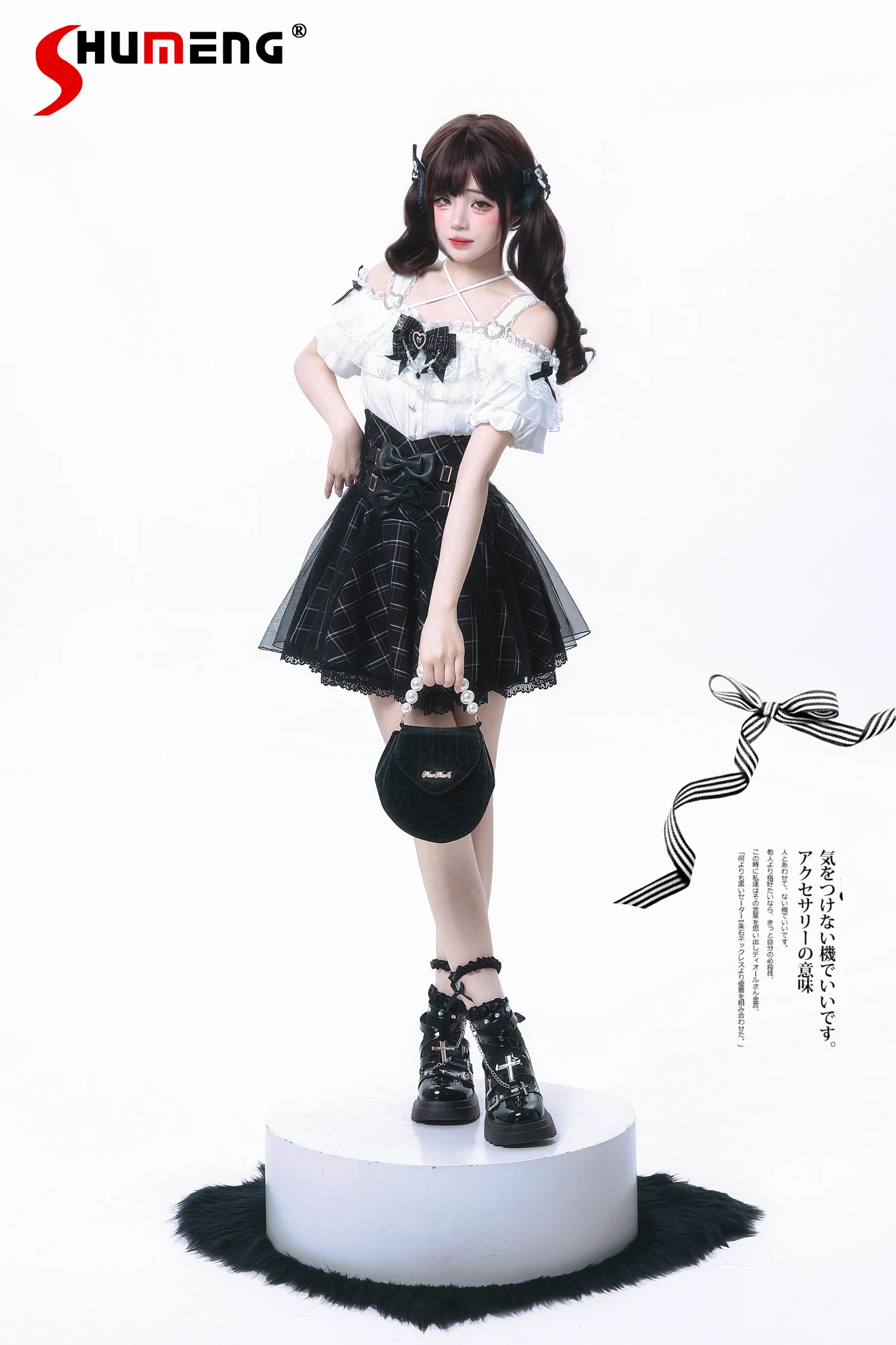 Japanese Mines Style Mass-produced Subculture Lace Off-shoulder Short Sleeve Top High Waist Bow A-line Skirt Two-piece Set Women 
Japanese Mines Style Mass-produced Subculture Lace Off-shoulder Short Sleeve Top High Waist Bow A-line Skirt Two-piece Set Women