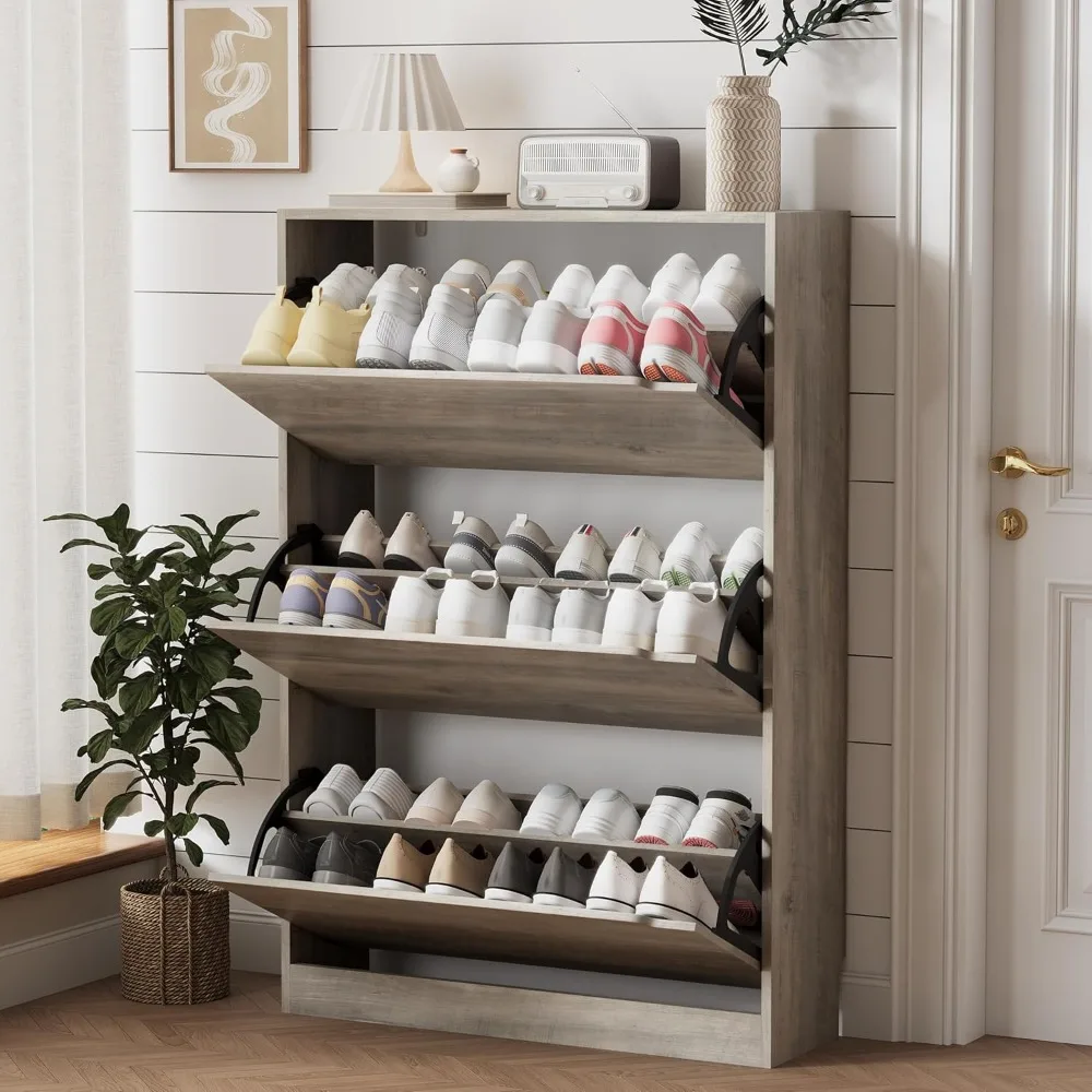 Sturdy wooden concealed shoe cabinet - freestanding, narrow, with 3 flip drawers - perfect for entrances, living rooms
Sturdy wooden concealed shoe cabinet - freestanding, narrow, with 3 flip drawers - perfect for entrances, living rooms
