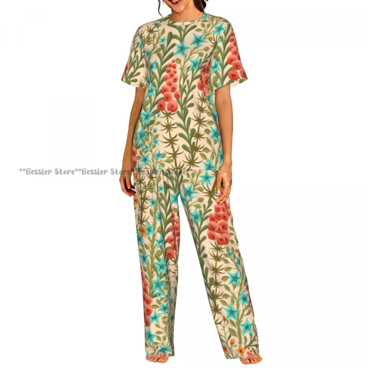 Женский повседневный пижамный комплект с короткими рукавами и брюками, с цветочным принтом и узором из листьев
Женский повседневный пижамный комплект с короткими рукавами и брюками, с цветочным принтом и узором из листьев