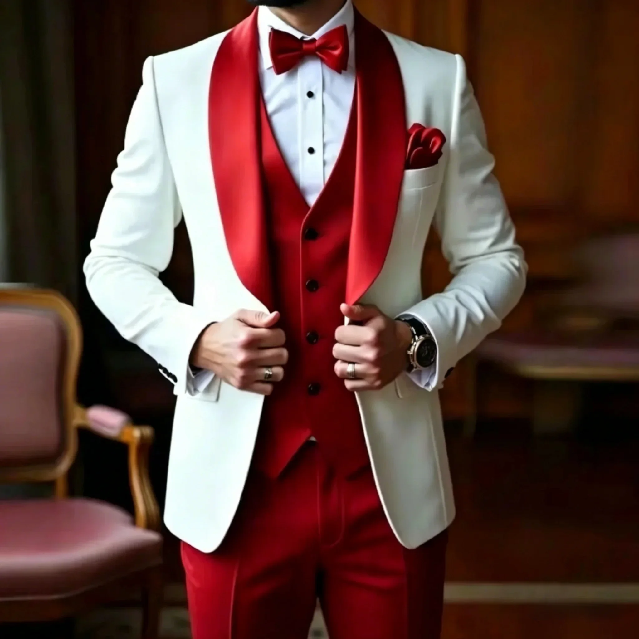 White And Red Men Suit Formal Occasion Groom Groomsman Wedding Party Prom Male Tuxedos 3 Piece Set Blazer+Vest+Pants
White And Red Men Suit Formal Occasion Groom Groomsman Wedding Party Prom Male Tuxedos 3 Piece Set Blazer+Vest+Pants