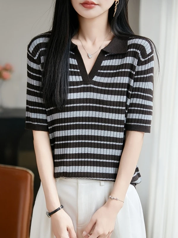 Women's Slim Fit Short Sleeve Neck Striped Knitwear Fashionable Casual Style Soft Comfortable Breathable Summer Top
Women's Slim Fit Short Sleeve Neck Striped Knitwear Fashionable Casual Style Soft Comfortable Breathable Summer Top