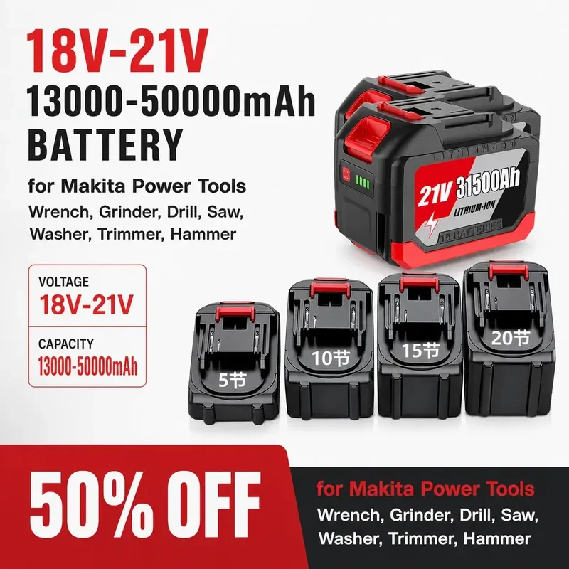 18V-21V 13000-50000mAh Battery for Makita Power Tools Wrench Grinder Drill Saw Washer Trimmer Hammer Durable Rechargeable
18V-21V 13000-50000mAh Battery for Makita Power Tools Wrench Grinder Drill Saw Washer Trimmer Hammer Durable Rechargeable