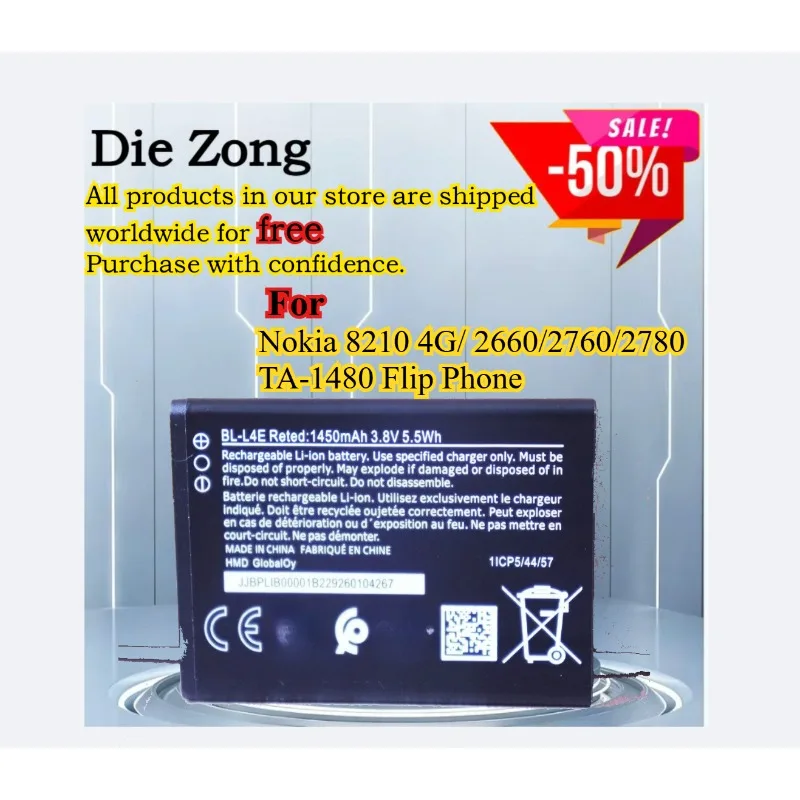 New Quality Original Cell 3.8V 1450mAh BL-L4E Battery For Nokia 8210 4G/ 2660/2760/2780 TA-1480 Flip Phone
New Quality Original Cell 3.8V 1450mAh BL-L4E Battery For Nokia 8210 4G/ 2660/2760/2780 TA-1480 Flip Phone