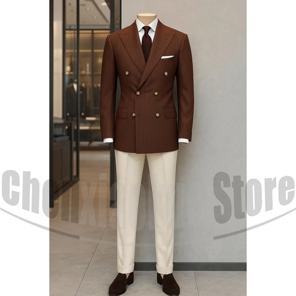 Men's Suit Brown Striped Double Breasted Blazer with Beige Pants Two Piece Formal Business Casual Outfit Office Daily Wear
Men's Suit Brown Striped Double Breasted Blazer with Beige Pants Two Piece Formal Business Casual Outfit Office Daily Wear