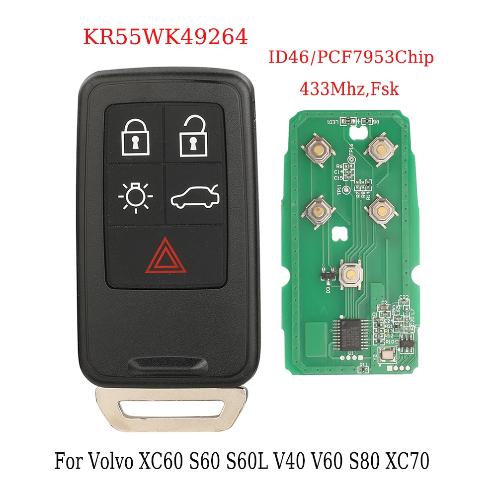 jingyuqin 5 Button Remote Key Smart Car Key Fob 434Mhz ID46 Chip For Volvo XC60 S60 S60L V40 V60 S80 XC70 KYDZ Uncut Blade
jingyuqin 5 Button Remote Key Smart Car Key Fob 434Mhz ID46 Chip For Volvo XC60 S60 S60L V40 V60 S80 XC70 KYDZ Uncut Blade