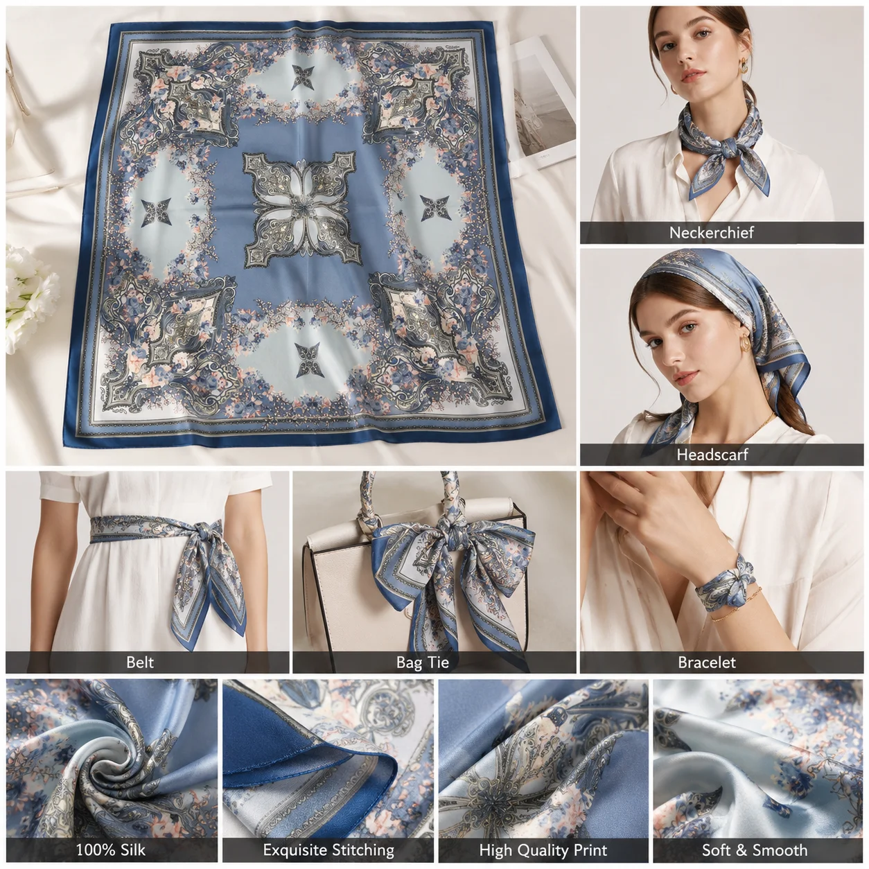 Fantasy Blue Flower Fantasy Silk Scarf 65x65cm, 100% pure mulberry silk square scarf, versatile accessory, suitable for neck, ha
Fantasy Blue Flower Fantasy Silk Scarf 65x65cm, 100% pure mulberry silk square scarf, versatile accessory, suitable for neck, ha