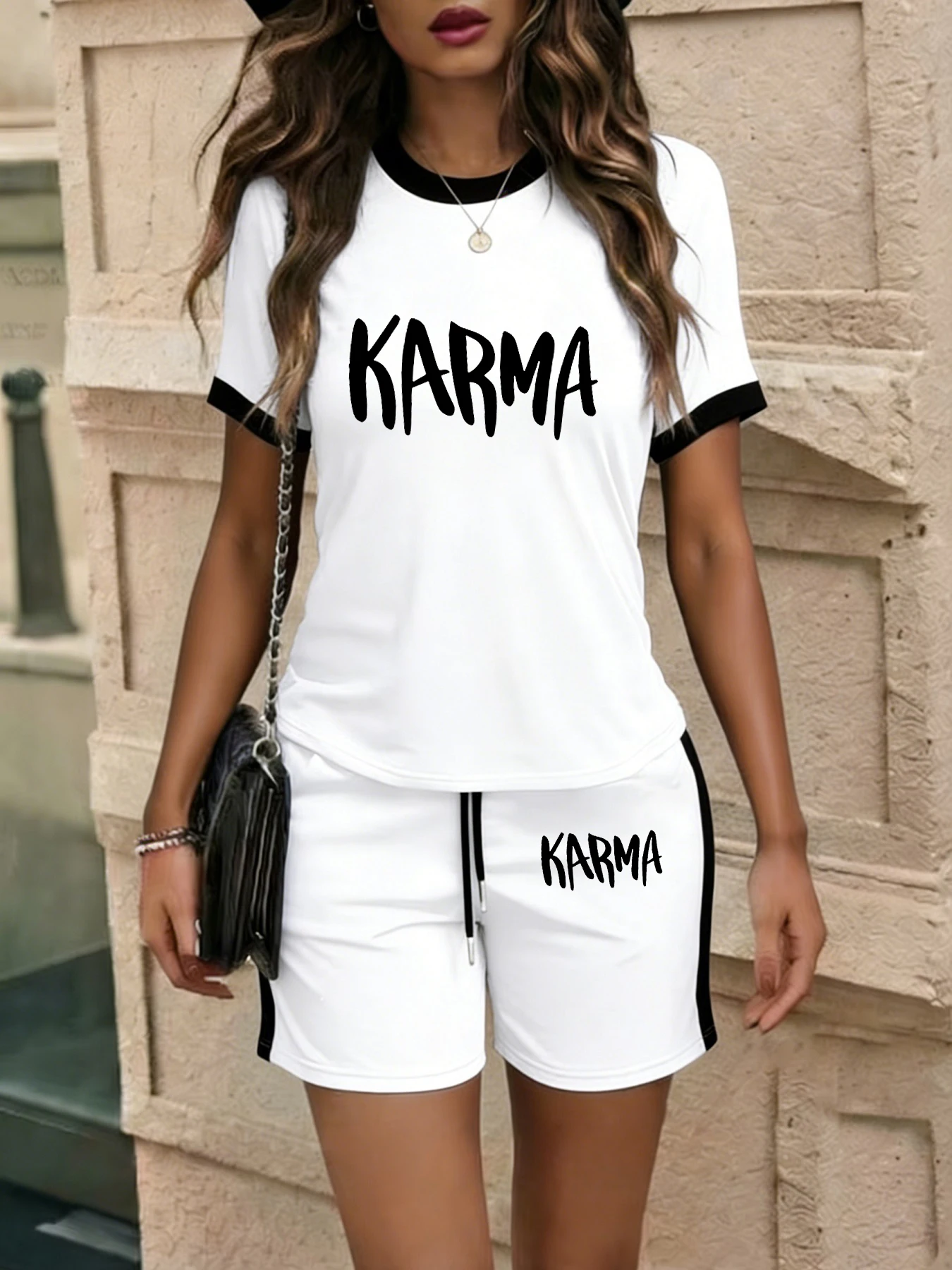 Summer Lightweight Breathable Casual Set: Soft and Skin-Friendly Short-Sleeve Top + Shorts, Karma Letter Print with Contrasting Colors, Two-Piece Sports Set
Summer Lightweight Breathable Casual Set: Soft and Skin-Friendly Short-Sleeve Top + Shorts, Karma Letter Print with Contrasting Colors, Two-Piece Sports Set
