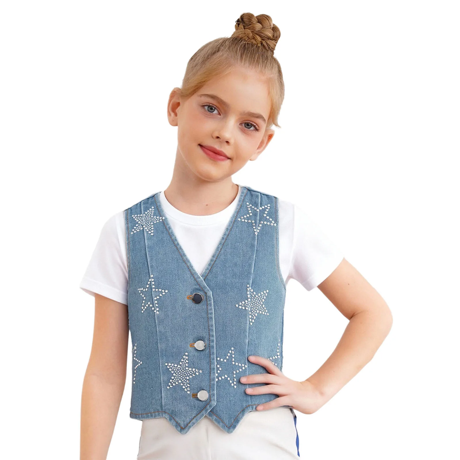 Kids Girls Denim Vest Top Casual Clothes Shiny Rhinestone Stars Sleeveless Buttons Jacket Asymmetrical Waistcoat for Performance
Kids Girls Denim Vest Top Casual Clothes Shiny Rhinestone Stars Sleeveless Buttons Jacket Asymmetrical Waistcoat for Performance