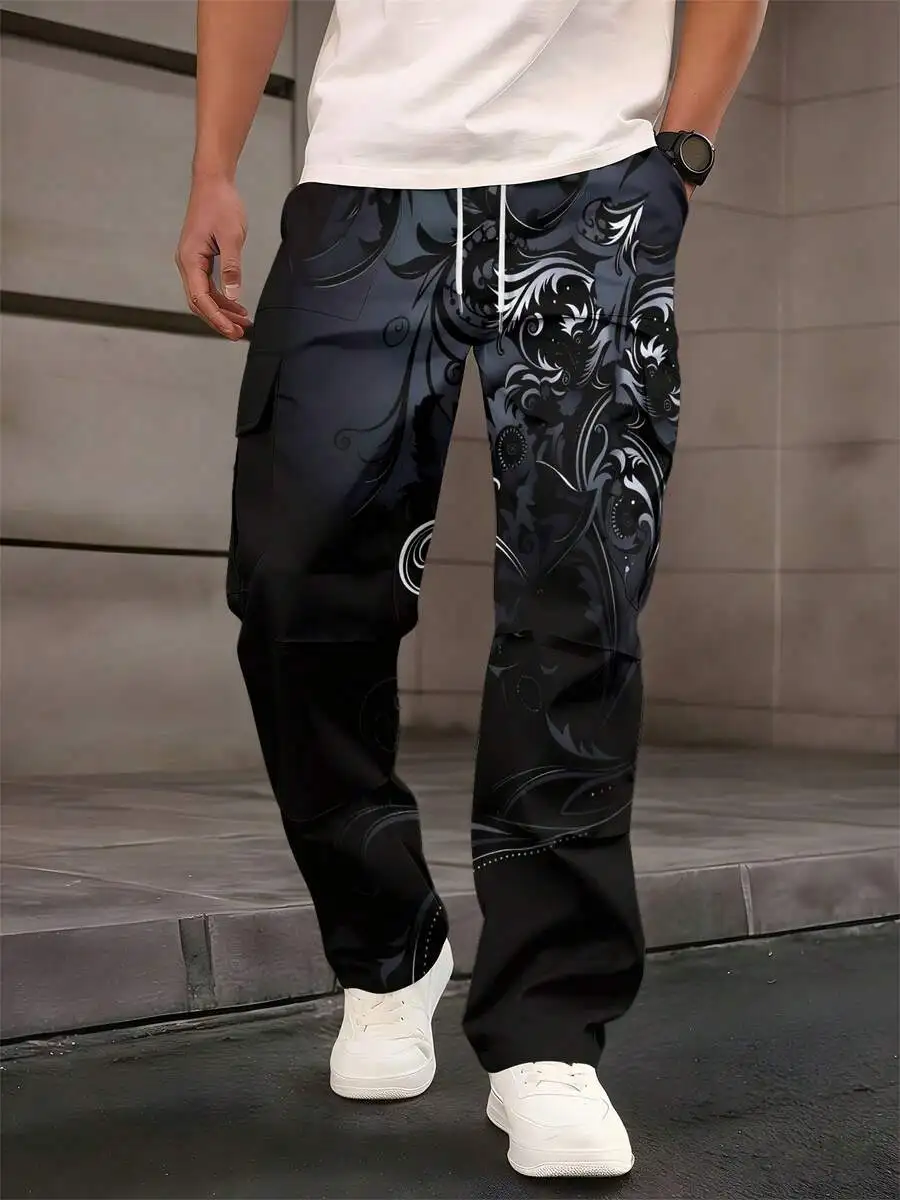 Mens Casual Straight Pants With Black And White Floral Swirl Print Elastic Drawstring Waist Multi Pocket
Mens Casual Straight Pants With Black And White Floral Swirl Print Elastic Drawstring Waist Multi Pocket