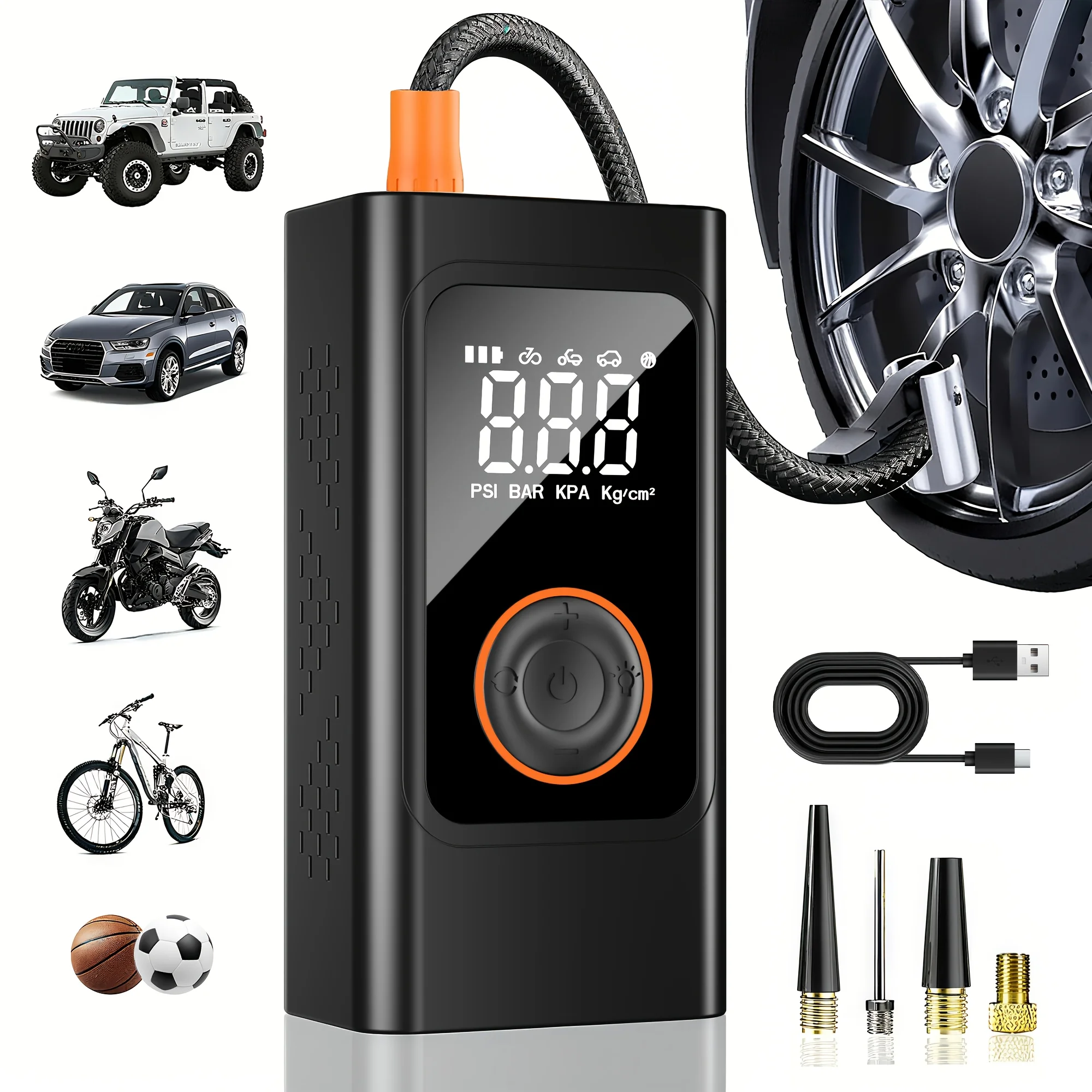Portable Tire Inflator - 150PSI Air Compressor with Preset Pressure Auto-Stop, USB-C Fast Charge And LED Light, Multi-Mode for Car, Moto, Bike, Ball, Air Pump Ideal for Car
Portable Tire Inflator - 150PSI Air Compressor with Preset Pressure Auto-Stop, USB-C Fast Charge And LED Light, Multi-Mode for Car, Moto, Bike, Ball, Air Pump Ideal for Car