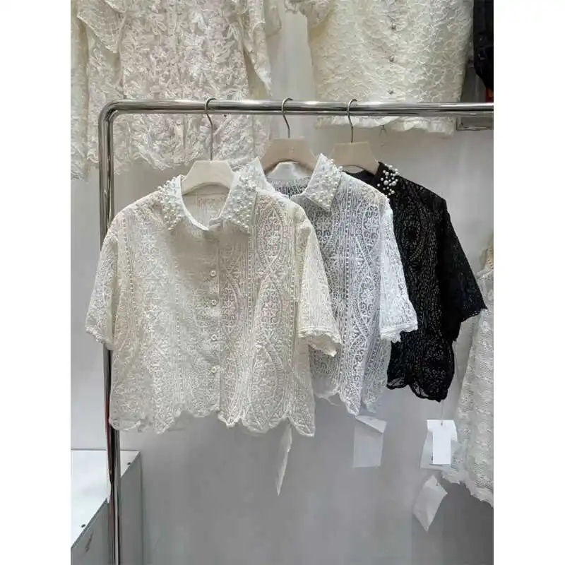Women's Lace Embroidered Short Sleeve Shirt Stand Collar Beaded Heavy Design Spring Summer New Style Korean Loose Fit Shirt
Women's Lace Embroidered Short Sleeve Shirt Stand Collar Beaded Heavy Design Spring Summer New Style Korean Loose Fit Shirt