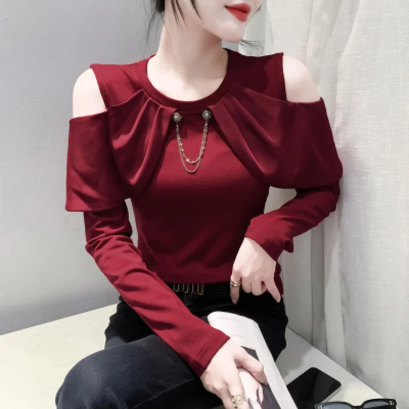 Fashion Design Long Sleeve Women's T-shirt 2025 Spring Autumn Temperament Round Neck Slim Patchwork Ruffle Off Shoulder Tee Top
Fashion Design Long Sleeve Women's T-shirt 2025 Spring Autumn Temperament Round Neck Slim Patchwork Ruffle Off Shoulder Tee Top
