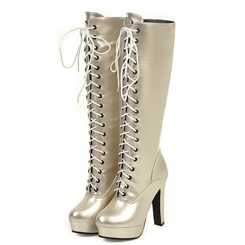 Lace Up Knee High Boots Women Winter Shoes Autumn Black Gold Silver High Heel Platform Boots Female PU Leather Large Size 46
Lace Up Knee High Boots Women Winter Shoes Autumn Black Gold Silver High Heel Platform Boots Female PU Leather Large Size 46