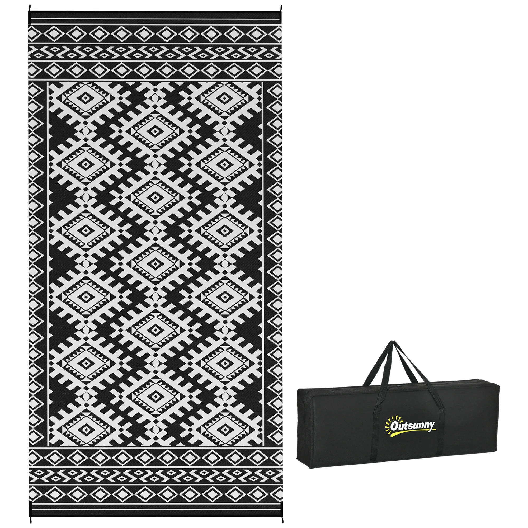 Reversible Outdoor Rug, Waterproof Plastic Straw with Carry Bag, 9' x 18', Black & White Rhombus Border
Reversible Outdoor Rug, Waterproof Plastic Straw with Carry Bag, 9' x 18', Black & White Rhombus Border