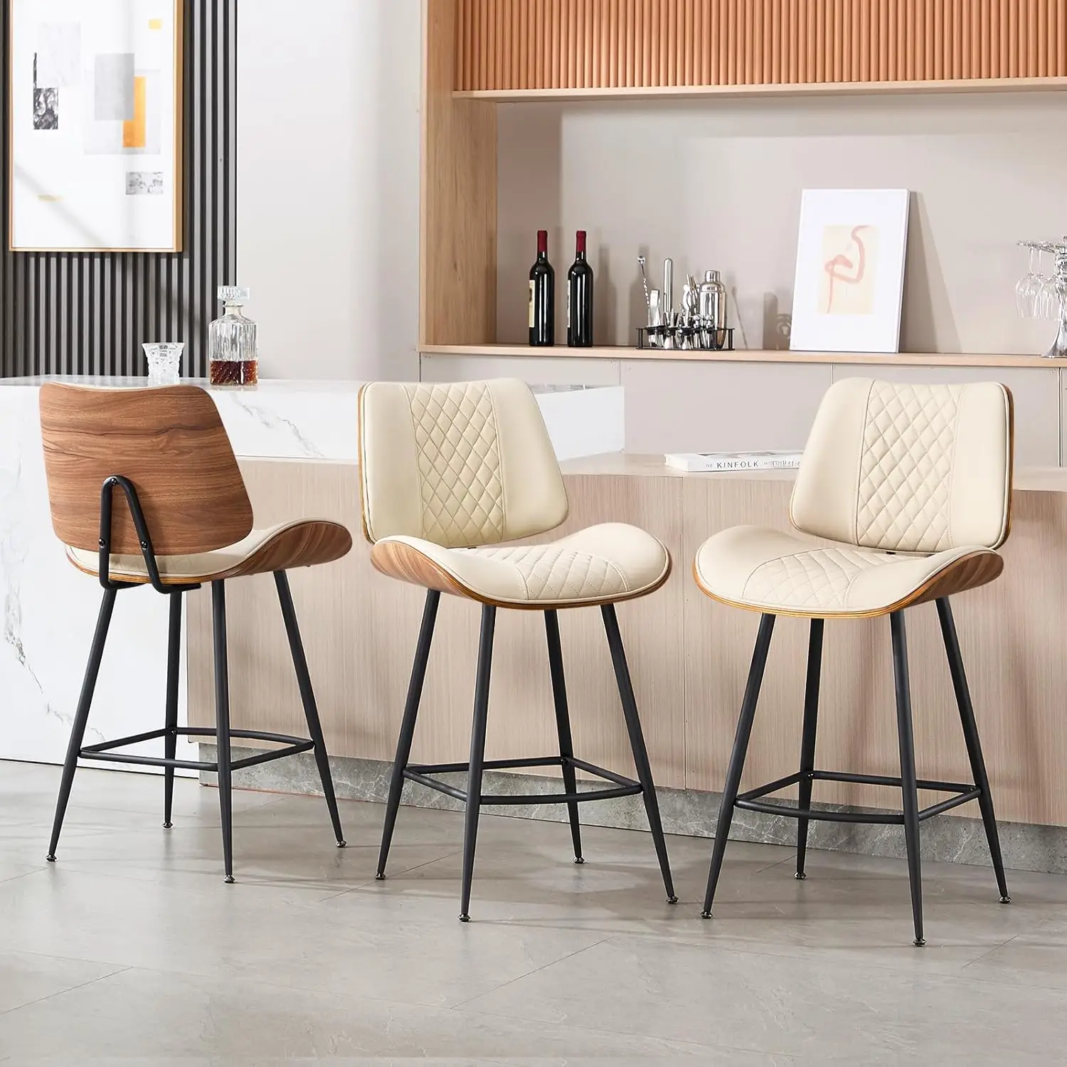 Counter Height Barstools Set of 3, 26.9" Armless Stools with Metal Legs, Walnut Pub Chair in Modern Style, PU, Customized
Counter Height Barstools Set of 3, 26.9" Armless Stools with Metal Legs, Walnut Pub Chair in Modern Style, PU, Customized