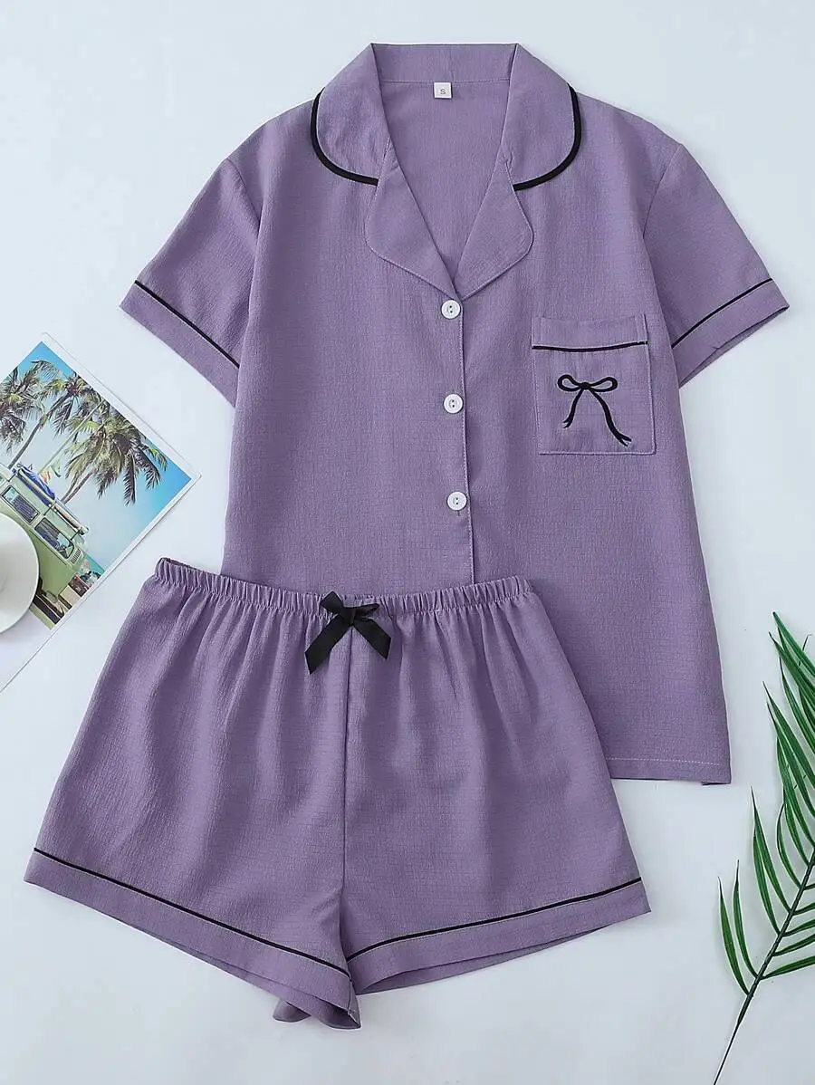 Womens Purple Collared Short Sleeve Pajama Set With Bow Embroidery And Pocket
Womens Purple Collared Short Sleeve Pajama Set With Bow Embroidery And Pocket