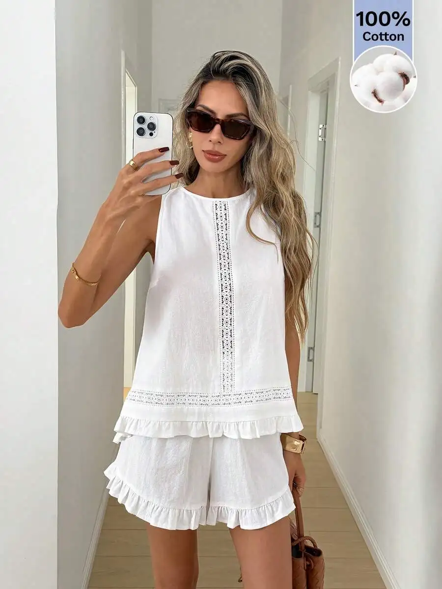 Womens White Cotton Sleeveless Lace Trim Top And Ruffle Hem Shorts Set Summer Casual Vacation Outfit
Womens White Cotton Sleeveless Lace Trim Top And Ruffle Hem Shorts Set Summer Casual Vacation Outfit