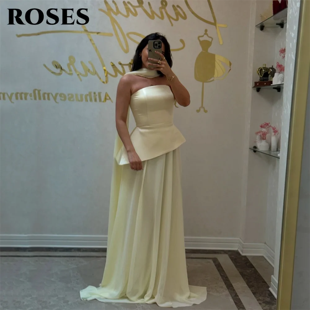 ROSES Light Yellow Evening Dress with Scarf Formal Gown Strapless Sleeveless Night Dresses Floor Length Prom Dresses Customized
ROSES Light Yellow Evening Dress with Scarf Formal Gown Strapless Sleeveless Night Dresses Floor Length Prom Dresses Customized