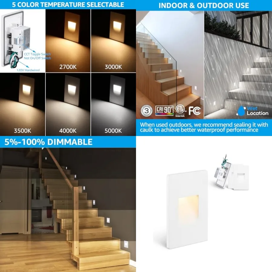5CCT 0V LED Step Lights, .5W 5%-100% Dimmable Stair Lights Indoor Outdoor Wet Location, CRI90, ETL, Alumum, 150LM, Vertical, 27
5CCT 0V LED Step Lights, .5W 5%-100% Dimmable Stair Lights Indoor Outdoor Wet Location, CRI90, ETL, Alumum, 150LM, Vertical, 27