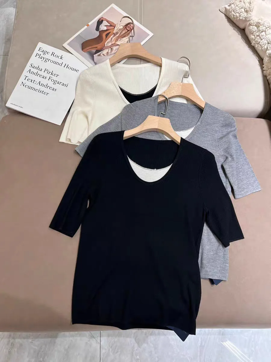 Women's Silk Wool Sweater Contrast Color O-Neck Short Sleeve Casual Summer Knitted Pullover
Women's Silk Wool Sweater Contrast Color O-Neck Short Sleeve Casual Summer Knitted Pullover