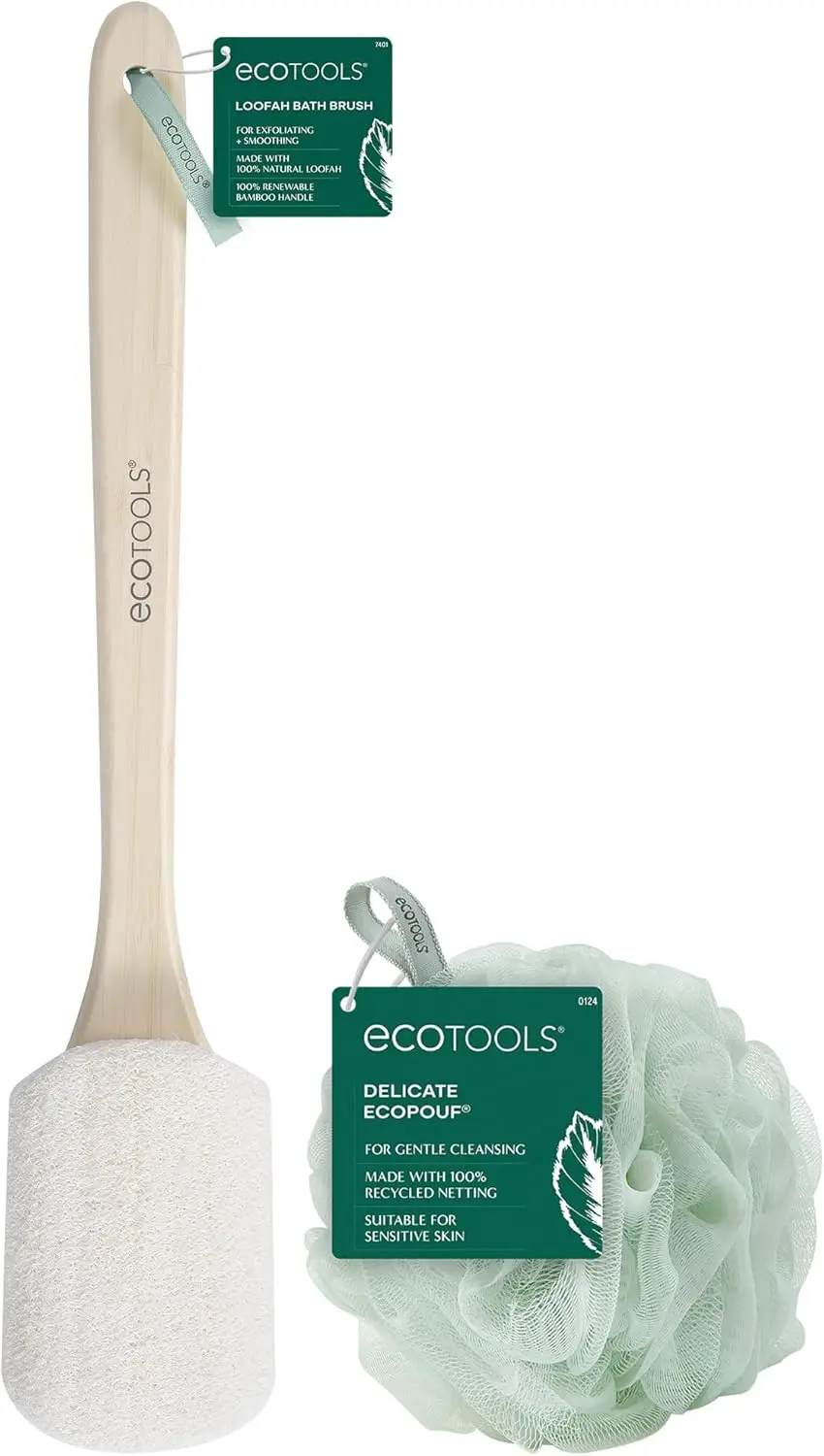 Natural Loofah Bath Brush with Long Bamboo Handle + Recycled Nylon Exfoliating Pouf for Sensitive Skin
Natural Loofah Bath Brush with Long Bamboo Handle + Recycled Nylon Exfoliating Pouf for Sensitive Skin