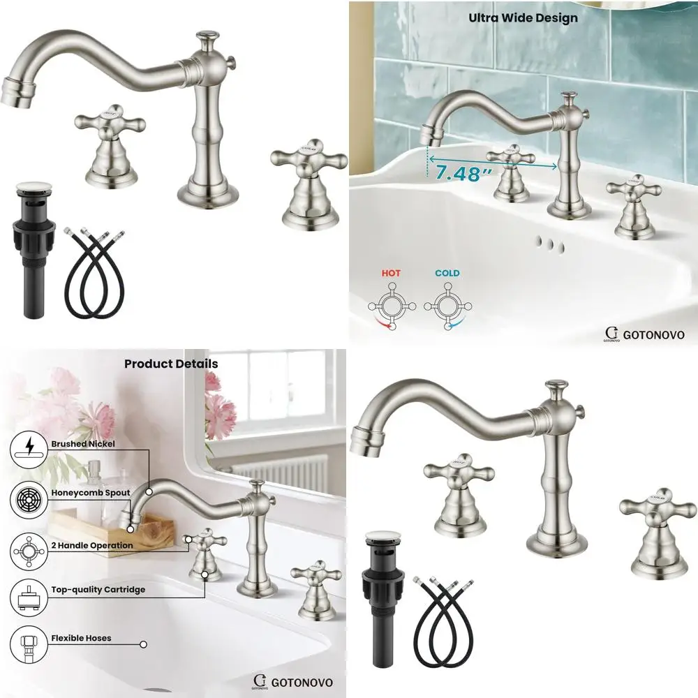 8 Vintage 3-Hole Widespread Sink Faucet with 2 Cross Handles, Pop-Up Drain, Hot/Cold Labels, Brushed Nickel Finish
8 Vintage 3-Hole Widespread Sink Faucet with 2 Cross Handles, Pop-Up Drain, Hot/Cold Labels, Brushed Nickel Finish