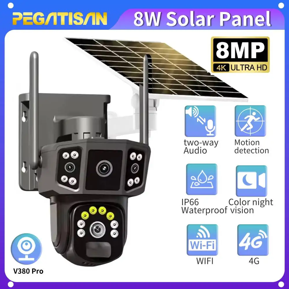 PEGATISAN V380 4K Dual Lens 4G SIM Solar Camera 8MP HD Auto Tracking Outdoor Security Wireless WIFI Solar CCTV IP Cameras
PEGATISAN V380 4K Dual Lens 4G SIM Solar Camera 8MP HD Auto Tracking Outdoor Security Wireless WIFI Solar CCTV IP Cameras