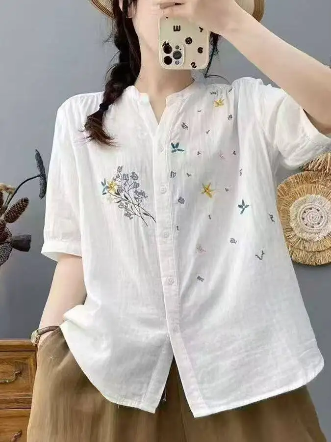 Casual Cotton Linen Short Sleeve Embroidered Double Layered Loose Top Women's Summer New Style Breathable Comfortable Shirt
Casual Cotton Linen Short Sleeve Embroidered Double Layered Loose Top Women's Summer New Style Breathable Comfortable Shirt