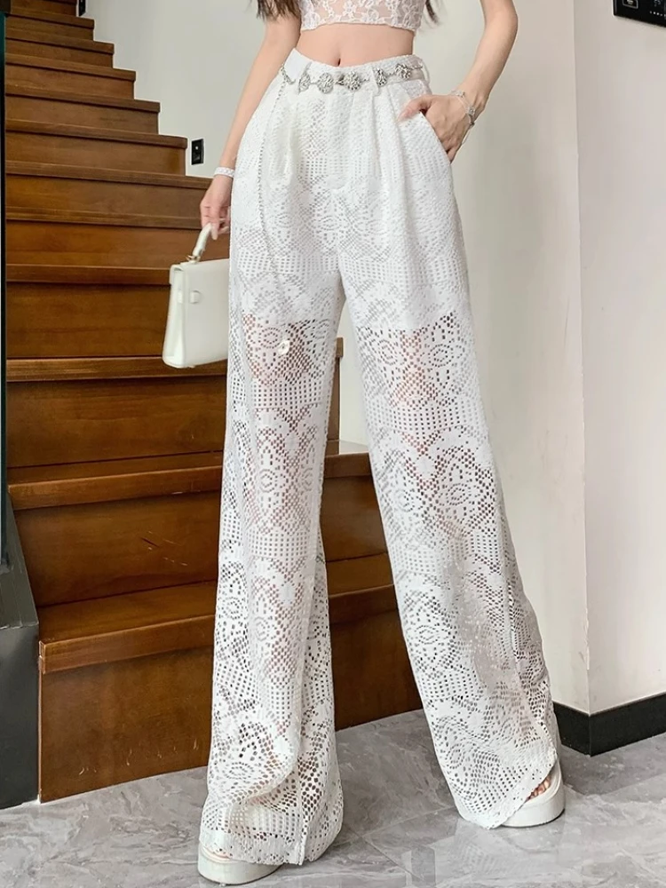 Women High Waist White Lace Wide Leg Pants 2024 Summer Thin Sexy Hollow Stitching With Waist Chain Ice Silk Floor Trousers Tide
Women High Waist White Lace Wide Leg Pants 2024 Summer Thin Sexy Hollow Stitching With Waist Chain Ice Silk Floor Trousers Tide
