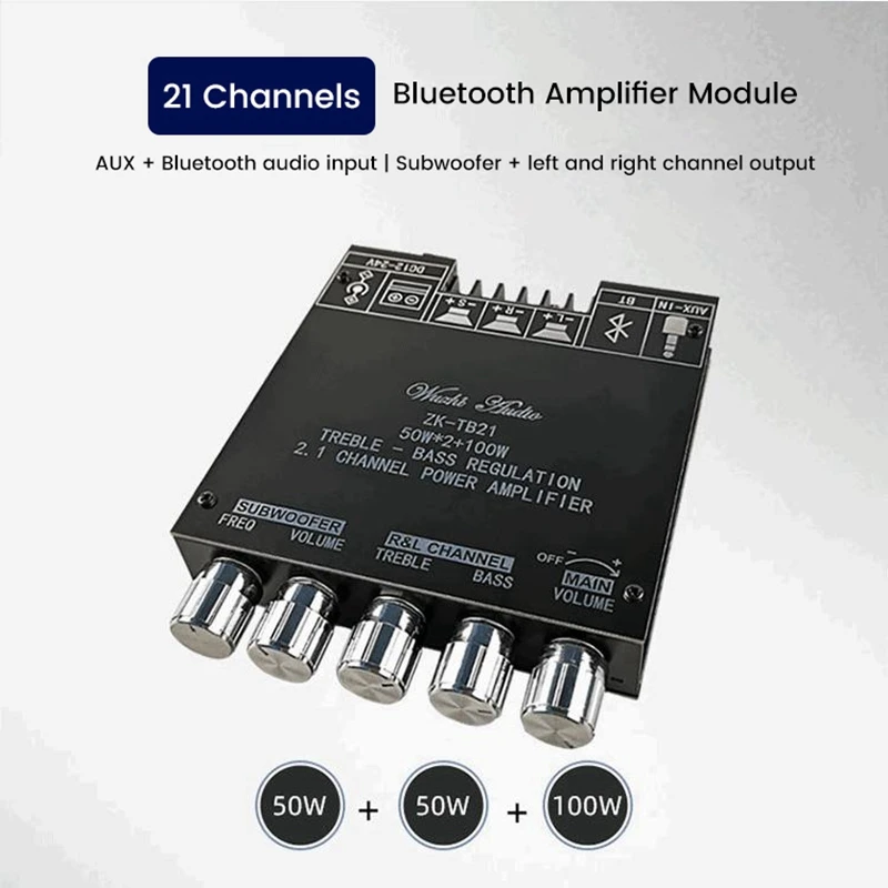 ZK-TB21 Bluetooth Power Amplifier Board 2.1 Channel Stereo 2X50W+100W TPA3116D2 Digital Audio Power Amplifier Module
ZK-TB21 Bluetooth Power Amplifier Board 2.1 Channel Stereo 2X50W+100W TPA3116D2 Digital Audio Power Amplifier Module