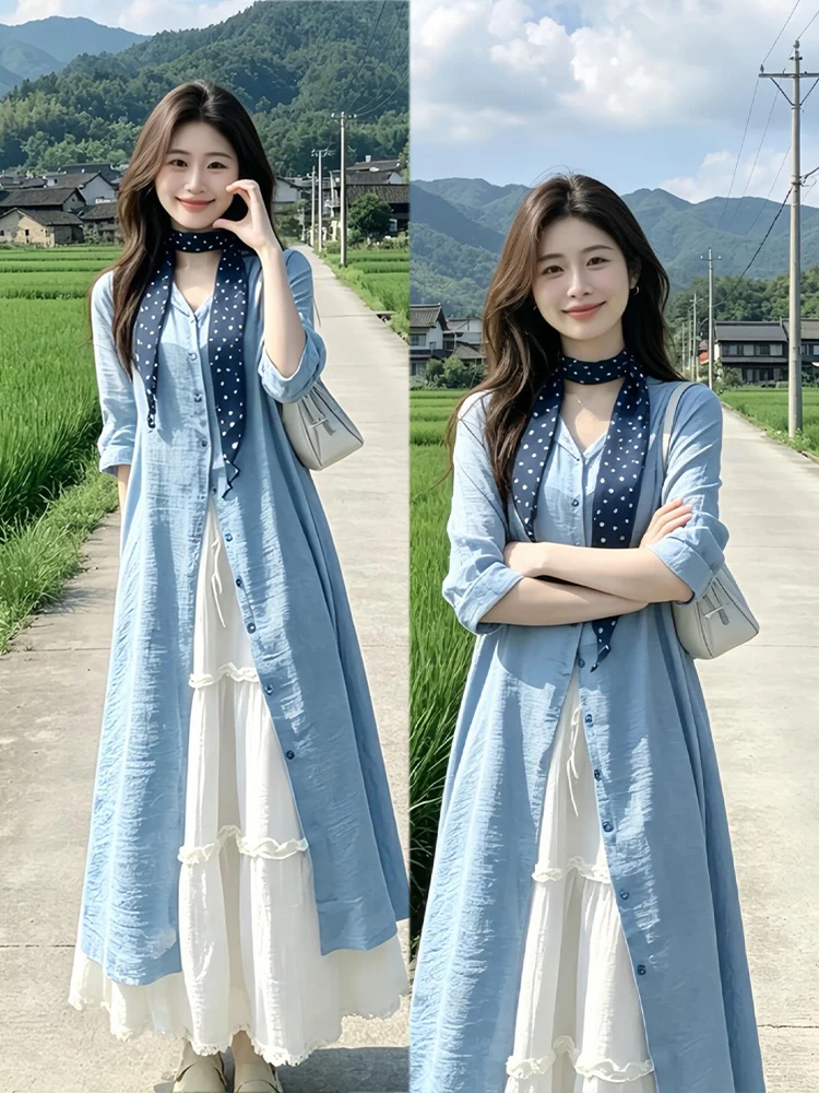 Blue Shirt Skirt Set Summer New Style Korean Loose Feelings Whole Set High Waist A-Line Skirt Long Sleeve V-Neck Commute Style
Blue Shirt Skirt Set Summer New Style Korean Loose Feelings Whole Set High Waist A-Line Skirt Long Sleeve V-Neck Commute Style