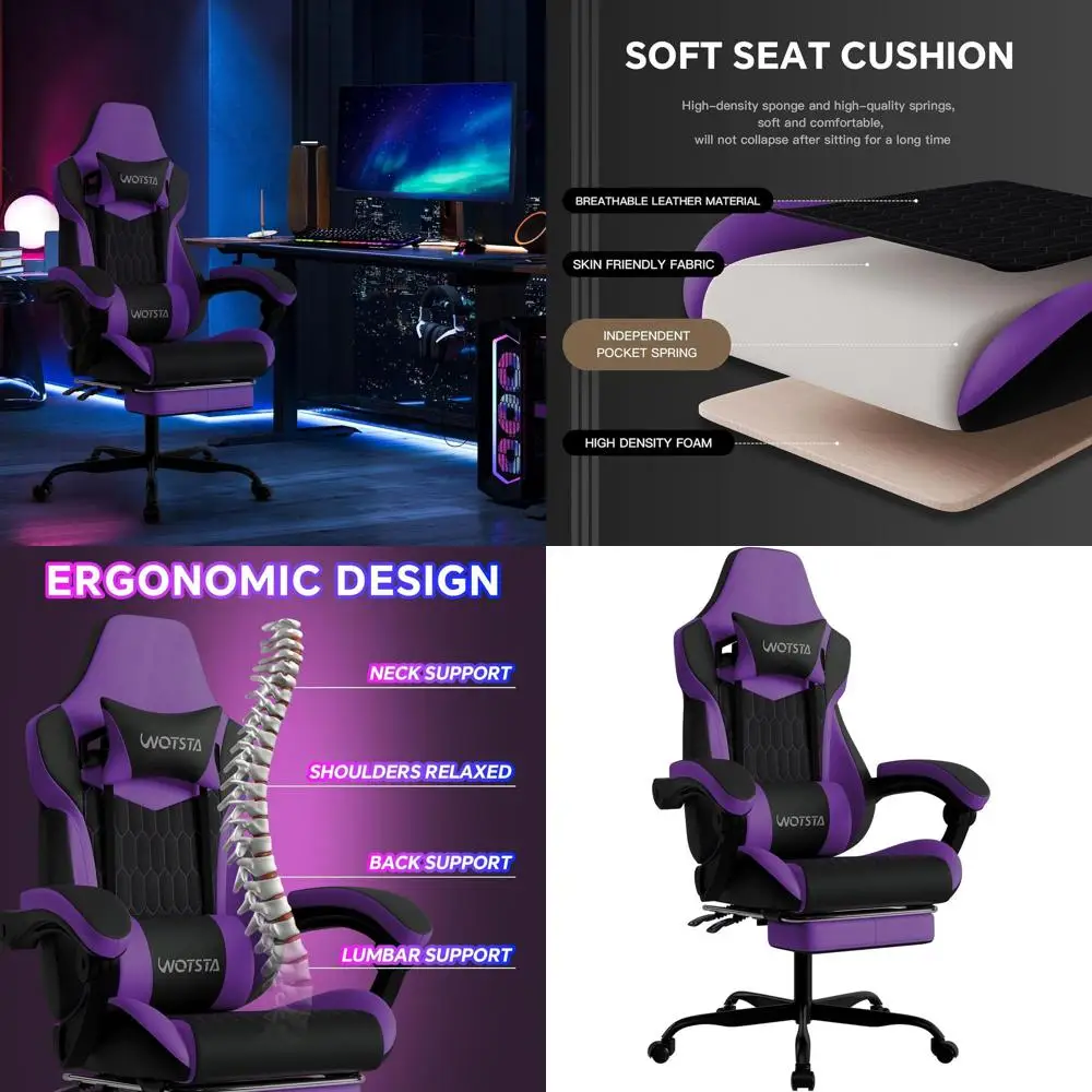 Фиолетовое эргономичное игровое кресло из ПВХ-кожи с подставкой для ног, регулируемым подголовником и поясничной опорой для дома или офиса
Фиолетовое эргономичное игровое кресло из ПВХ-кожи с подставкой для ног, регулируемым подголовником и поясничной опорой для дома или офиса