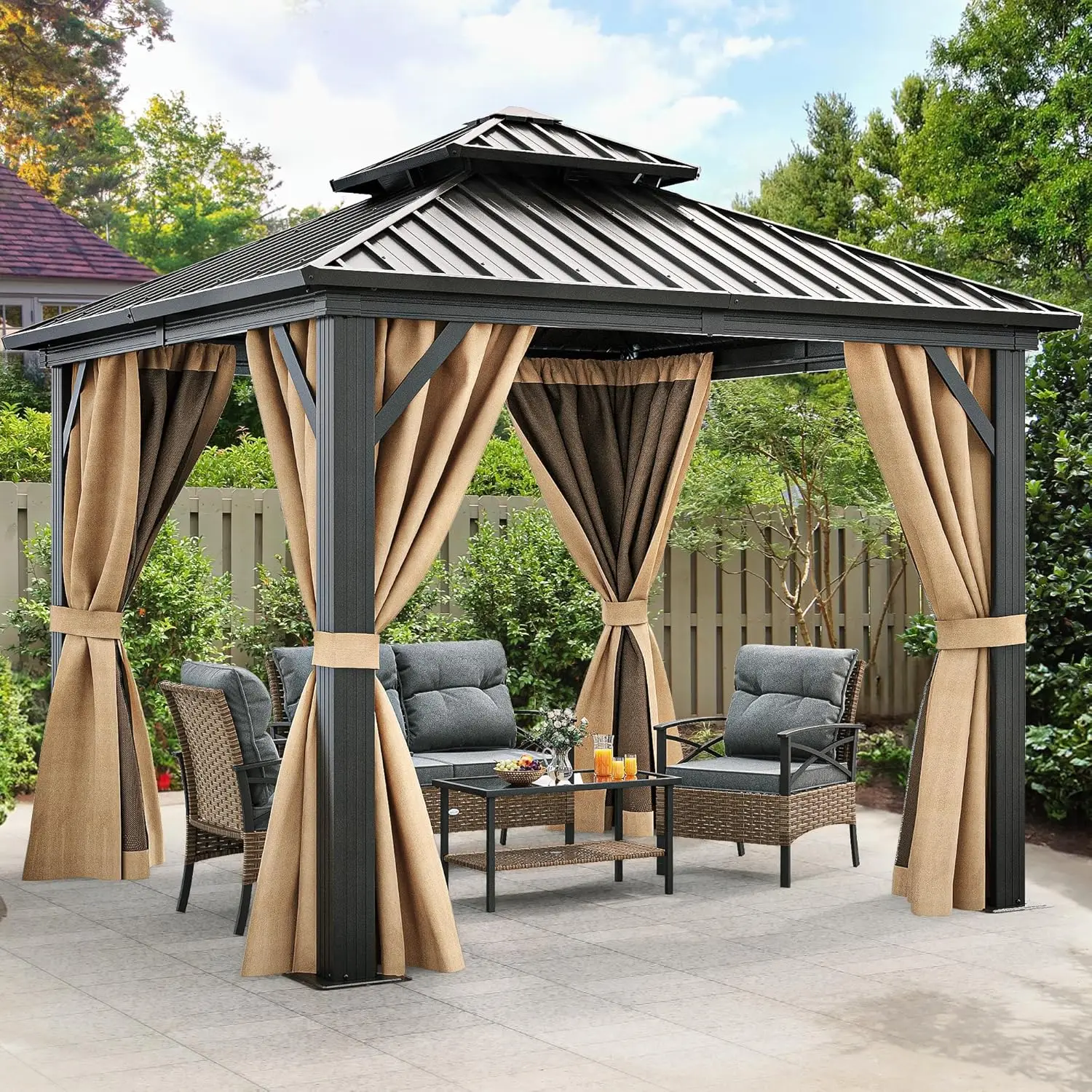10x10ft Hardtop Gazebo Double Roof Aluminum Frame w/ Netting & Curtains for Patio Backyard Deck Lawn, Customized
10x10ft Hardtop Gazebo Double Roof Aluminum Frame w/ Netting & Curtains for Patio Backyard Deck Lawn, Customized