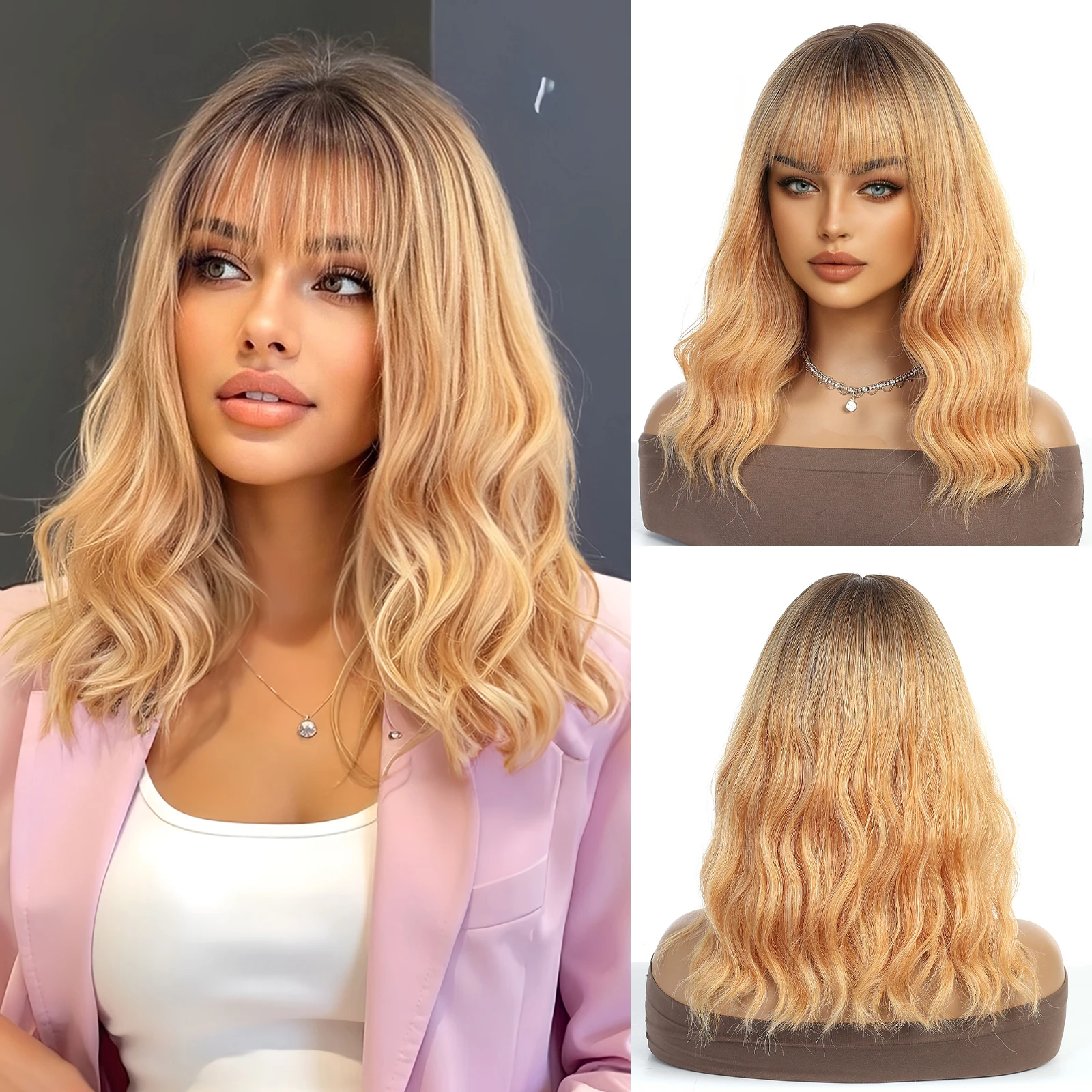 Medium Length Wavy Blonde Wig with Bangs for Women Natural Ombre Yellow Blonde Dark Root Synthetic Hair Heat Resistant
Medium Length Wavy Blonde Wig with Bangs for Women Natural Ombre Yellow Blonde Dark Root Synthetic Hair Heat Resistant