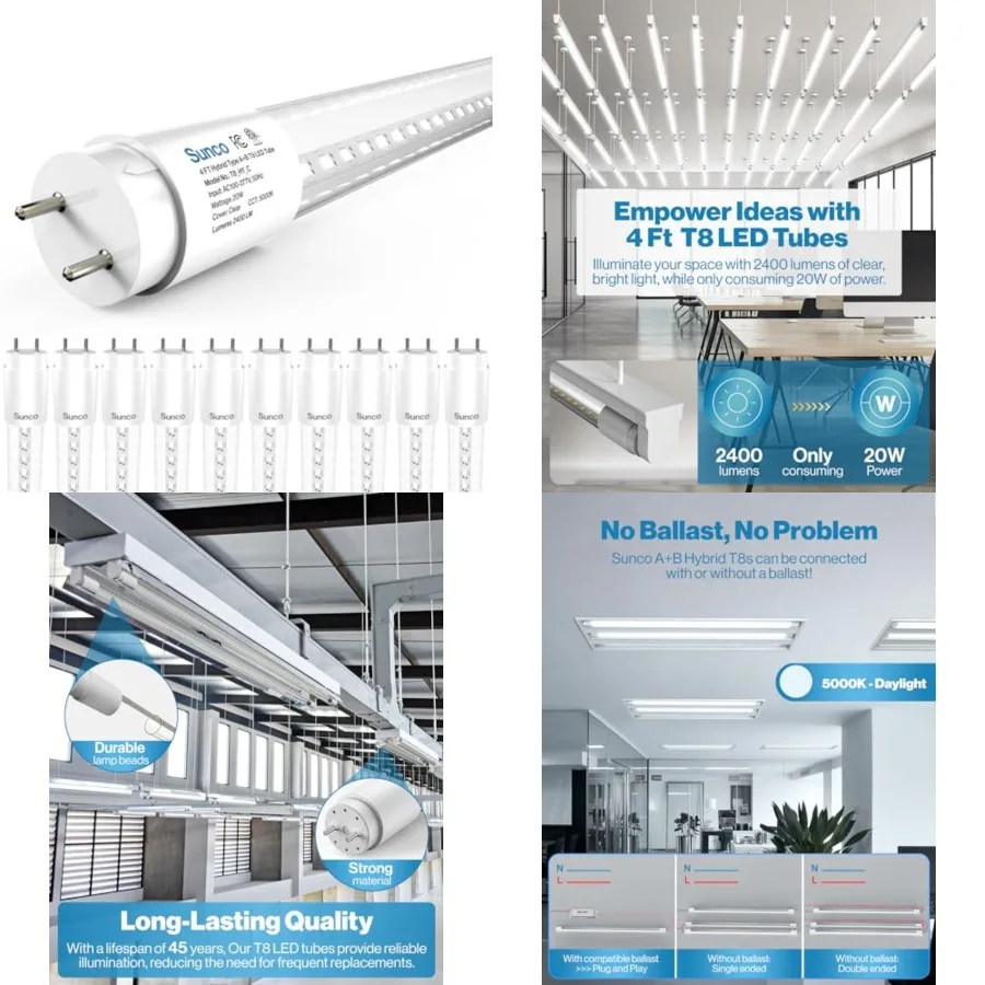 Sunco T8 LED Bulbs 4 Feet, 48 Inch Tube Light Bulbs Fluorescent Replacement, Single or Double Ended Hybrid Type A+B, 2400 LM, 2
Sunco T8 LED Bulbs 4 Feet, 48 Inch Tube Light Bulbs Fluorescent Replacement, Single or Double Ended Hybrid Type A+B, 2400 LM, 2