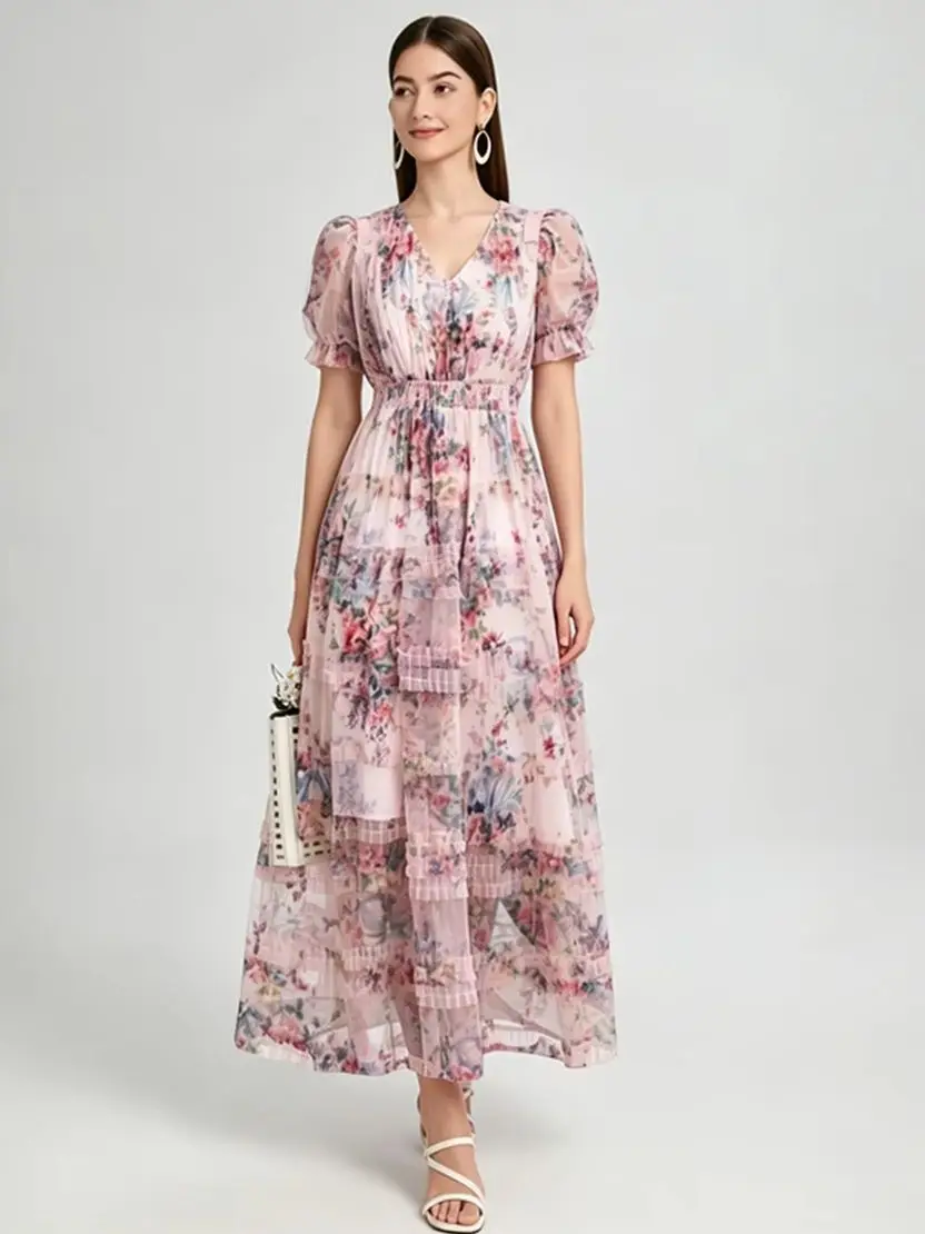 Luxury Sophisticated Tulle Floral Print Dress For Women Elegant V-neck Short Sleeve Tiered Splice Slim Midi Dress Party Vestidos
Luxury Sophisticated Tulle Floral Print Dress For Women Elegant V-neck Short Sleeve Tiered Splice Slim Midi Dress Party Vestidos