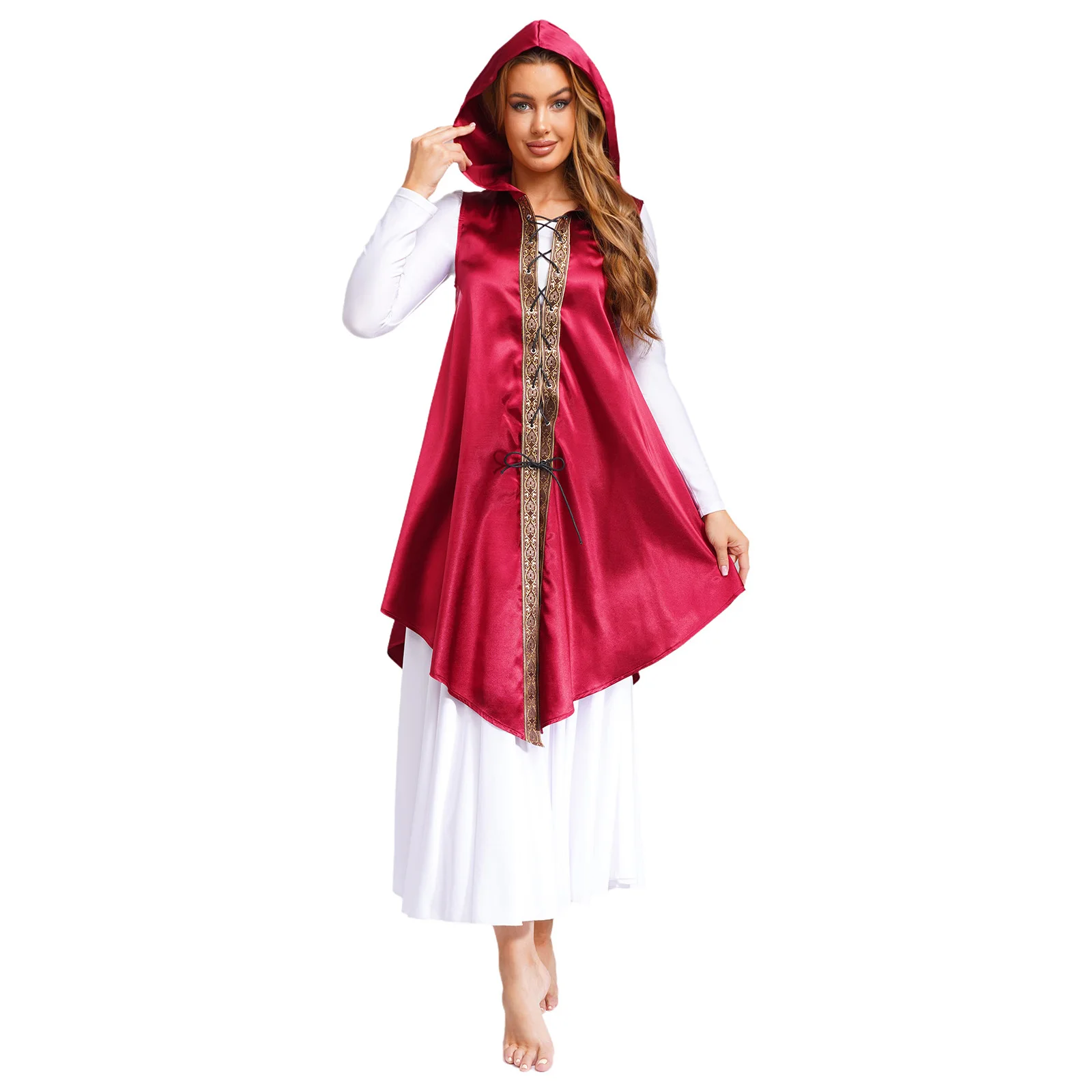 Women's Mens Medieval Hooded Cloak Tunic Sleeveless Front Lace-up with Retro Satin Cape Gothic Halloween Muslin Punk Robe
Women's Mens Medieval Hooded Cloak Tunic Sleeveless Front Lace-up with Retro Satin Cape Gothic Halloween Muslin Punk Robe