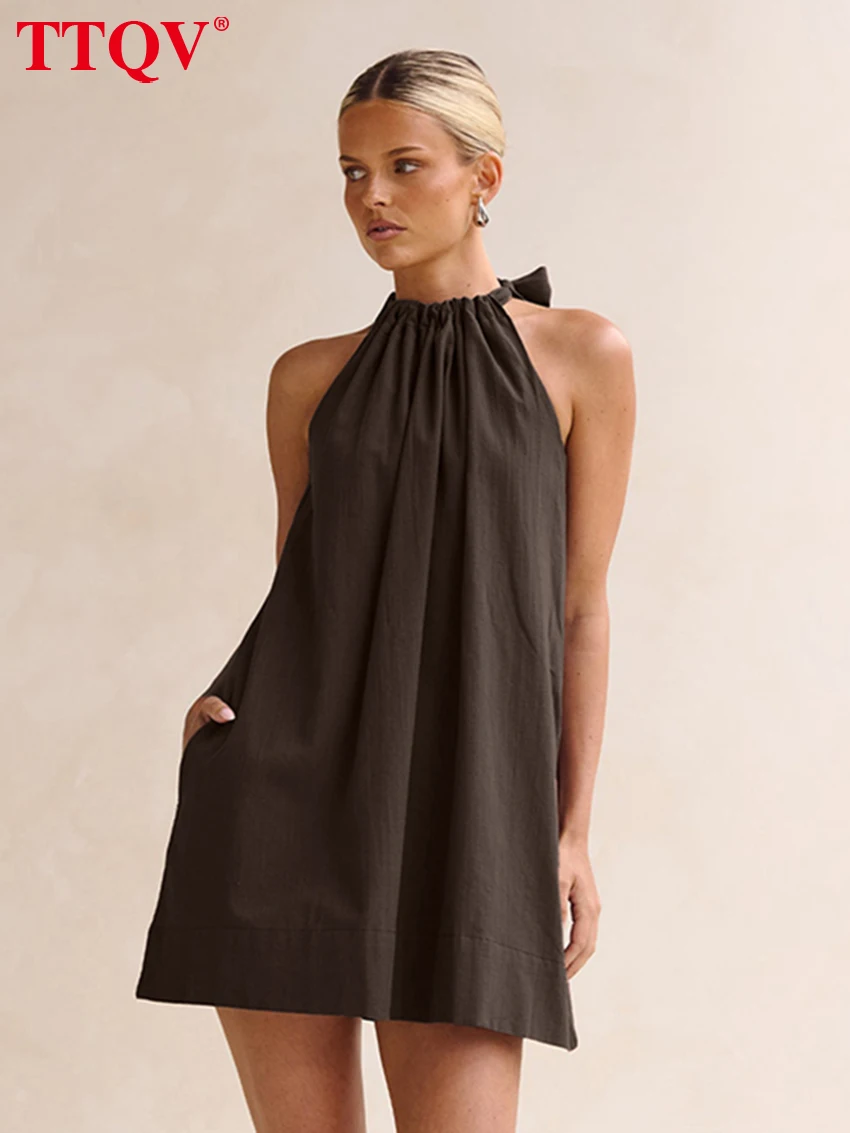 TTQV Summer Loose Brown Cotton Women's Dress 2026 Sexy Halter Sleeveless Mini Dresses Lady Fashion Classic Solid Female Dress
TTQV Summer Loose Brown Cotton Women's Dress 2026 Sexy Halter Sleeveless Mini Dresses Lady Fashion Classic Solid Female Dress