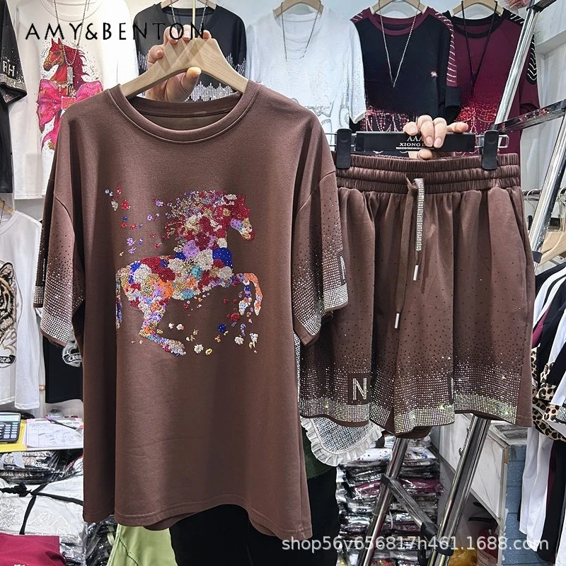 Heavy Industry Rhinestone Animal Pattern Loose Short-sleeves T-shirt Top + Elastic Waist Wide-leg Shorts Two-piece Set For Women
Heavy Industry Rhinestone Animal Pattern Loose Short-sleeves T-shirt Top + Elastic Waist Wide-leg Shorts Two-piece Set For Women