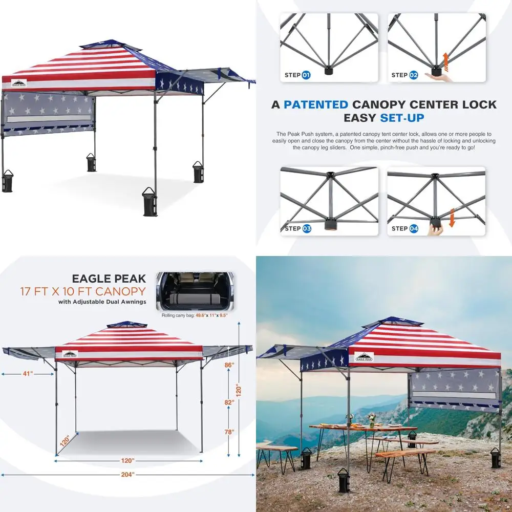 Outdoor Instant Canopy Shelter 17x10 with Adjustable Dual Half Awnings - Pop Up Gazebo Tent, American Flag Design
Outdoor Instant Canopy Shelter 17x10 with Adjustable Dual Half Awnings - Pop Up Gazebo Tent, American Flag Design
