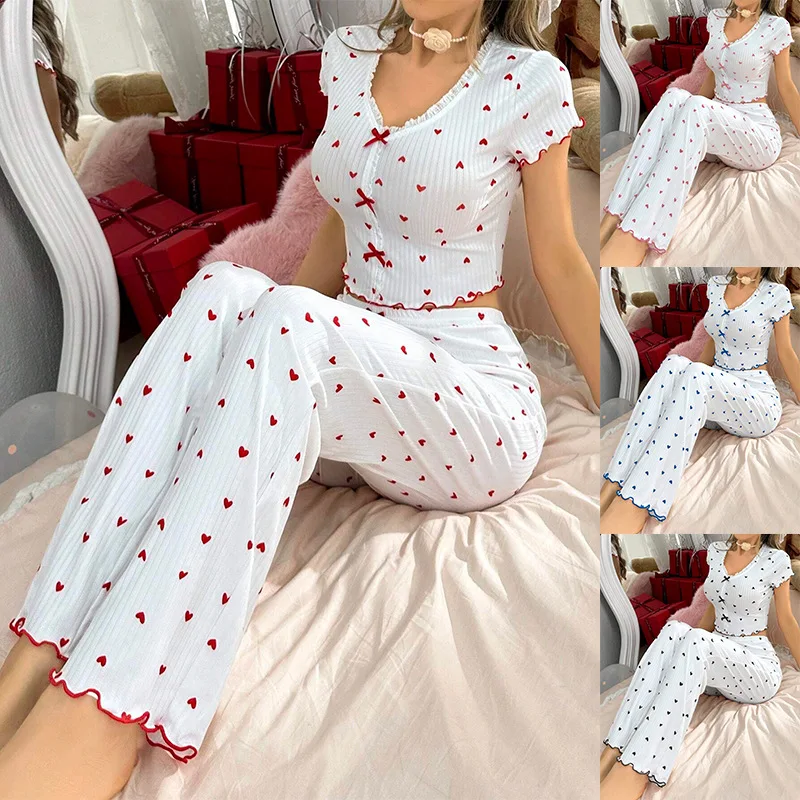 Пижамы, комплекты из 2 предметов, женские брюки, костюм, топ с короткими рукавами, брюки с принтом сердца, v-образный вырез, бант, летняя одежда для сна, одежда для сна
Пижамы, комплекты из 2 предметов, женские брюки, костюм, топ с короткими рукавами, брюки с принтом сердца, v-образный вырез, бант, летняя одежда для сна, одежда для сна