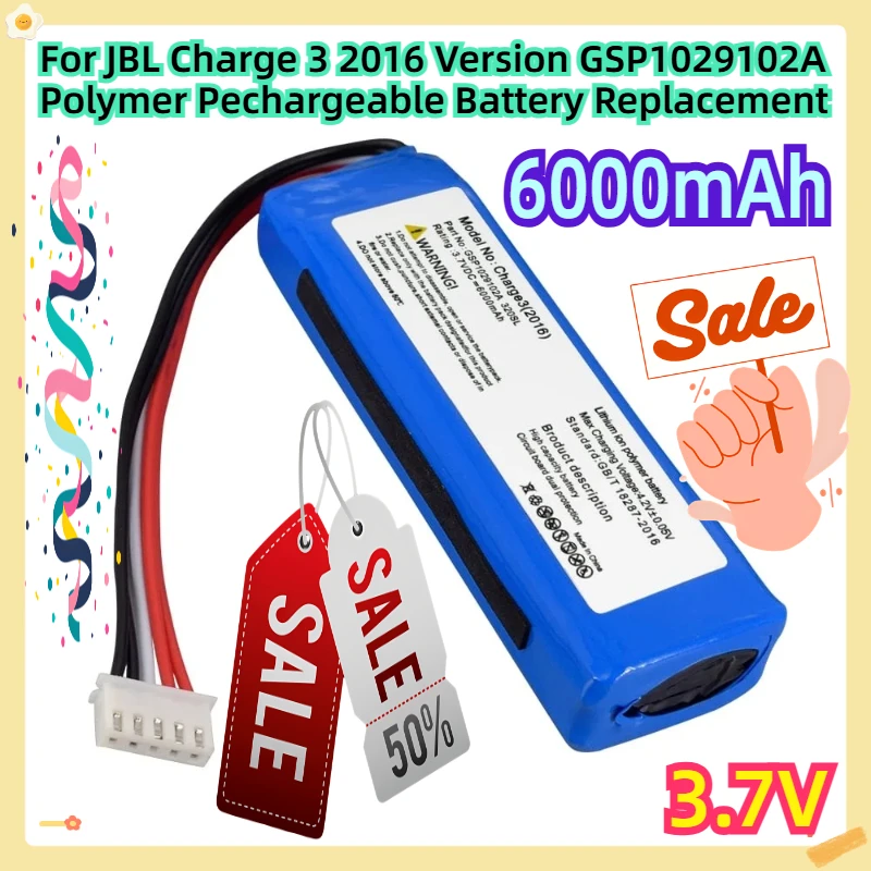 For JBL Charge 3 2016 Version GSP1029102A 3.7V 6000mAh Polymer Pechargeable Battery Replacement
For JBL Charge 3 2016 Version GSP1029102A 3.7V 6000mAh Polymer Pechargeable Battery Replacement