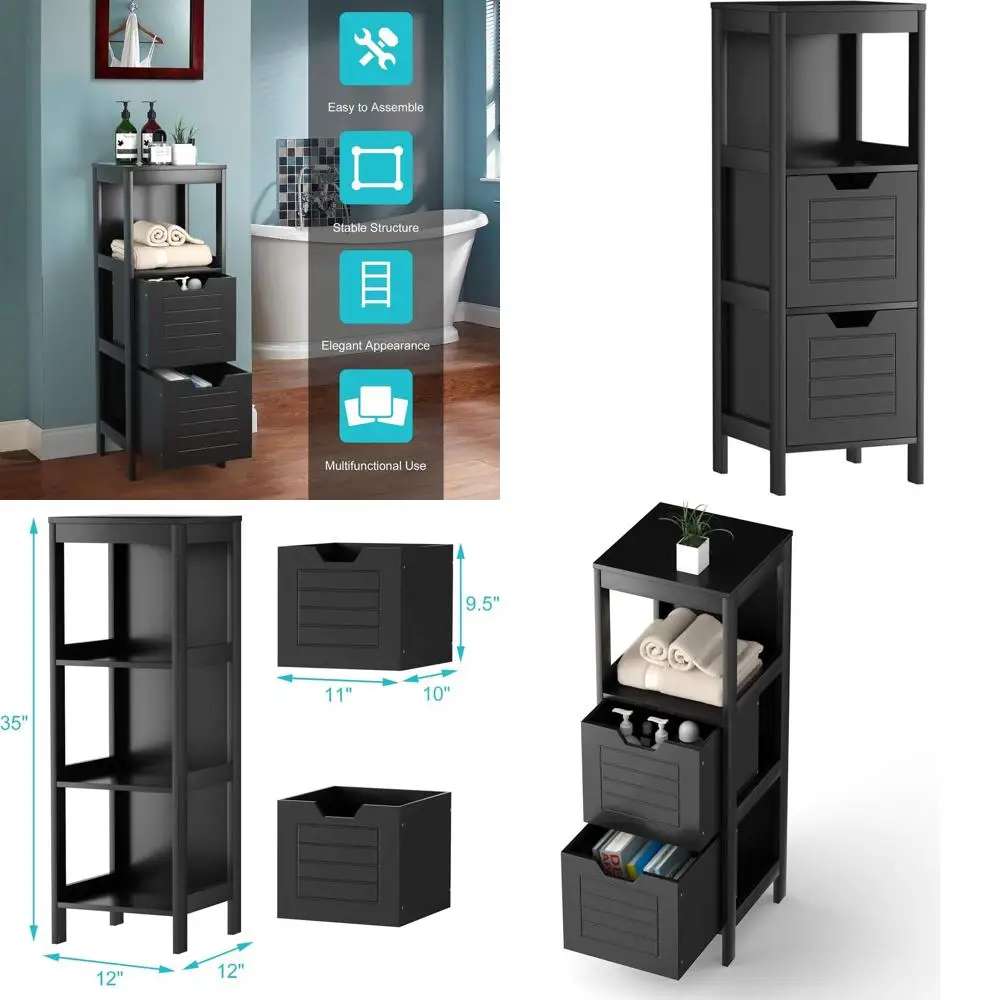Narrow Wooden Storage Tower with 2 Drawers for Bathroom, Multifunctional Side Cabinet for Small Spaces, 12x12x35 inches (Black)
Narrow Wooden Storage Tower with 2 Drawers for Bathroom, Multifunctional Side Cabinet for Small Spaces, 12x12x35 inches (Black)