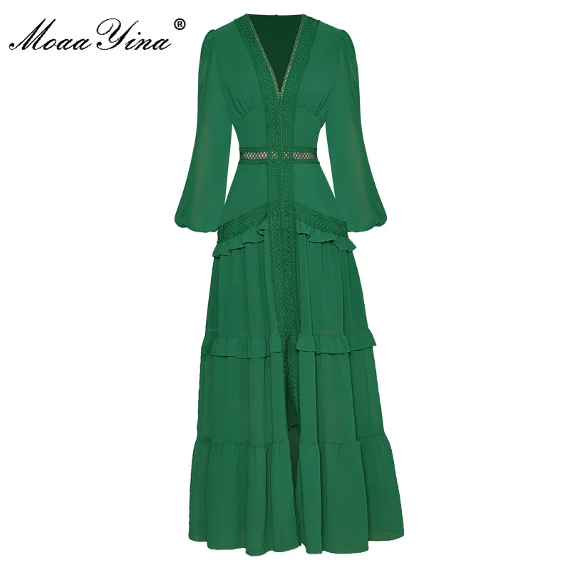 MoaaYina Fashion Designer dress Autumn Women's Dress V-Collar Lantern sleeve Hollow Ruffles Casual Green Maxi Dresses
MoaaYina Fashion Designer dress Autumn Women's Dress V-Collar Lantern sleeve Hollow Ruffles Casual Green Maxi Dresses