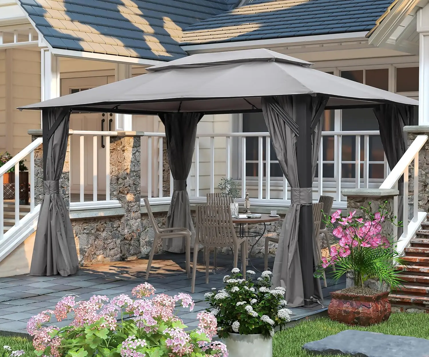 !@10'x13' Soft Top Metal Gazebo, Outdoor Patio Canopy with Double Roof, Mosquito Netting & Privacy Curtains, Gray
!@10'x13' Soft Top Metal Gazebo, Outdoor Patio Canopy with Double Roof, Mosquito Netting & Privacy Curtains, Gray