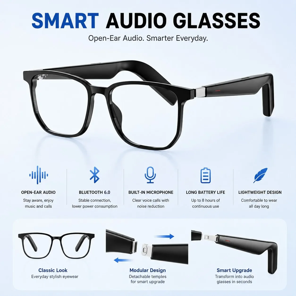 Smart Audio Glasses Bluetooth 6.0 Snap-On Temples Open Ear Wireless AI Eyewear Accessories Sunglasses for Men Women Sports
Smart Audio Glasses Bluetooth 6.0 Snap-On Temples Open Ear Wireless AI Eyewear Accessories Sunglasses for Men Women Sports