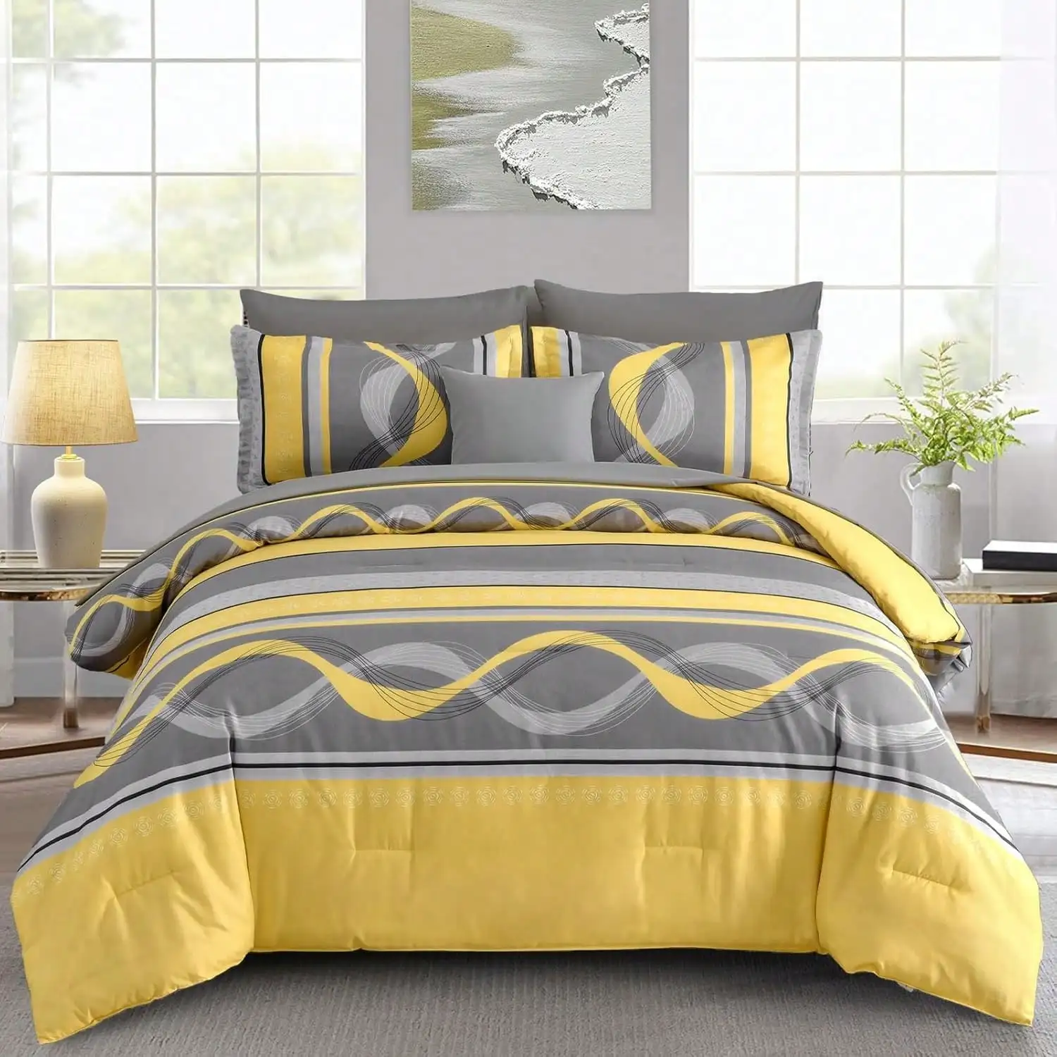 8 Pieces Yellow Comforter Set Queen King Size Bed In A Bag Patchwork Striped Bedding Sets,Boho Soft Microfiber Bedding Set F
8 Pieces Yellow Comforter Set Queen King Size Bed In A Bag Patchwork Striped Bedding Sets,Boho Soft Microfiber Bedding Set F