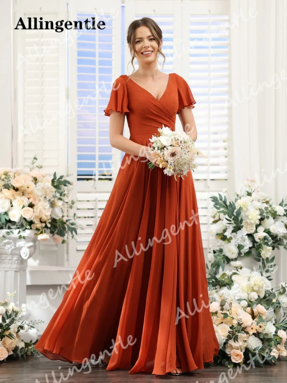 Burnt Orange A-Line V-Neck Bridesmaid Dresses for Party Short Sleeves Split Side Ruched Chiffon Prom Gown with Pocket Customized
Burnt Orange A-Line V-Neck Bridesmaid Dresses for Party Short Sleeves Split Side Ruched Chiffon Prom Gown with Pocket Customized