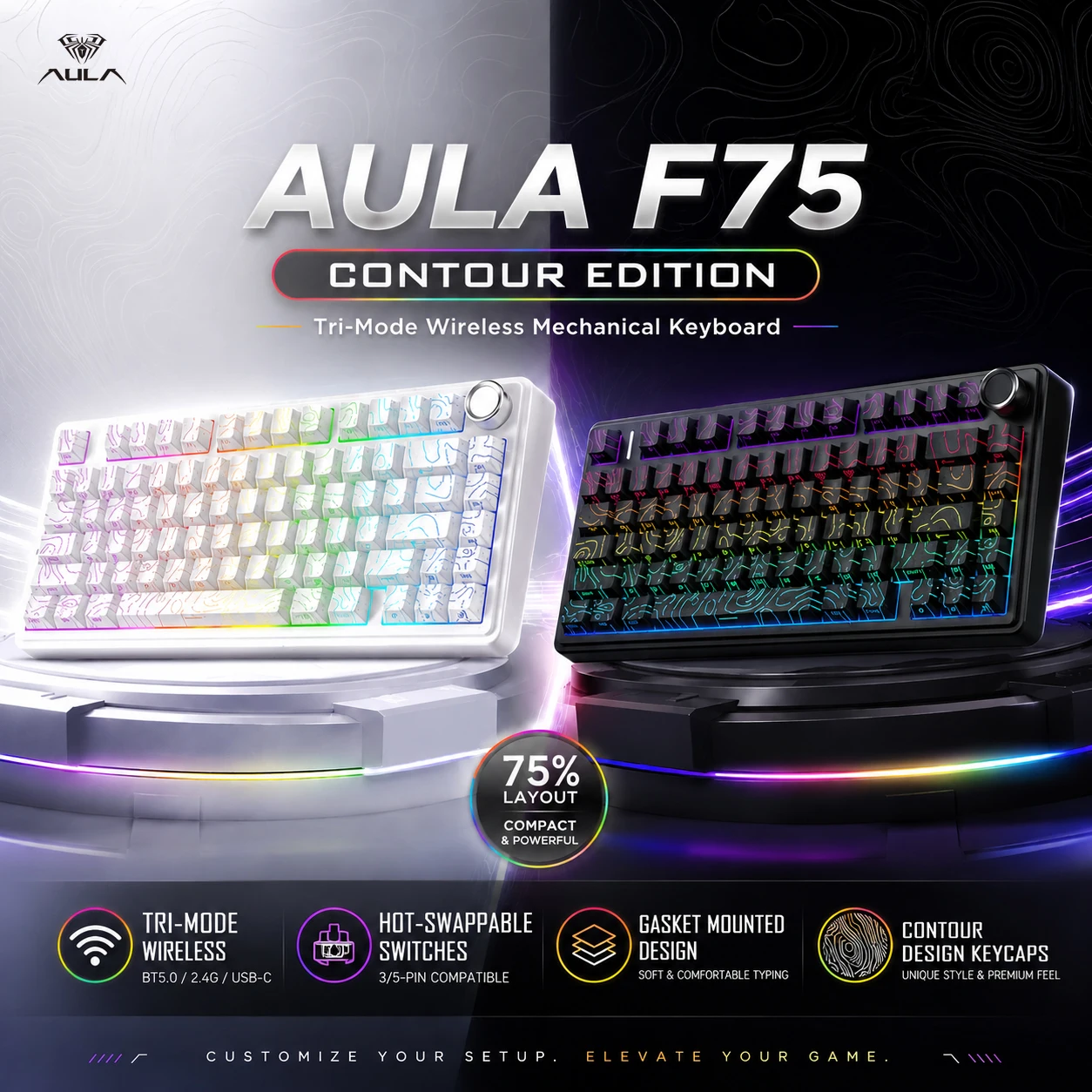 AULA F75 mechanical keyboard with rubber pads, 75% wireless hot-swappable gaming keyboard featuring five layers of padding and
AULA F75 mechanical keyboard with rubber pads, 75% wireless hot-swappable gaming keyboard featuring five layers of padding and